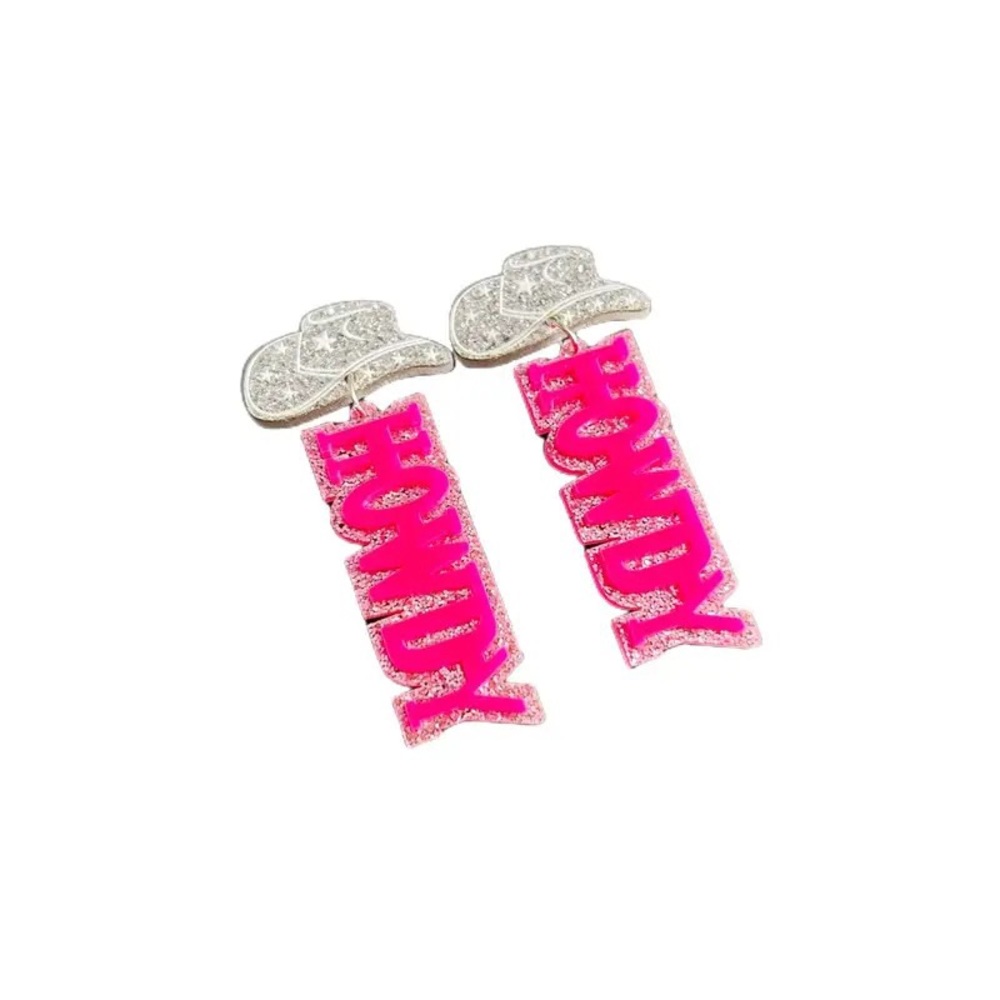 New arcylic western pink and silver glitter HOWDY earrings - Picture 2 of 2